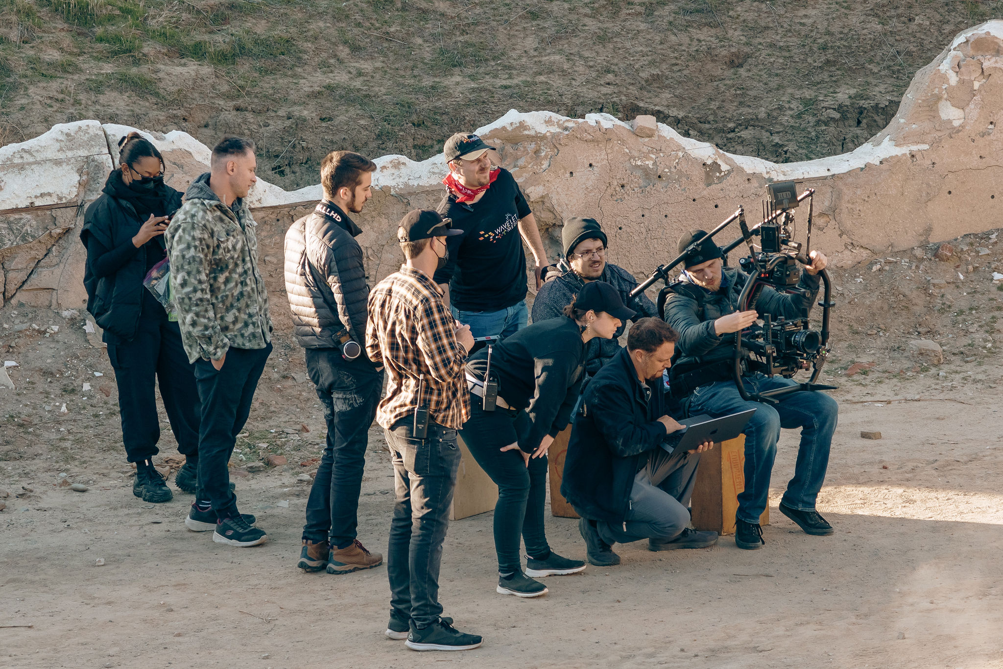 Wayne and a camera crew working together with a stabilized cinema camera on location