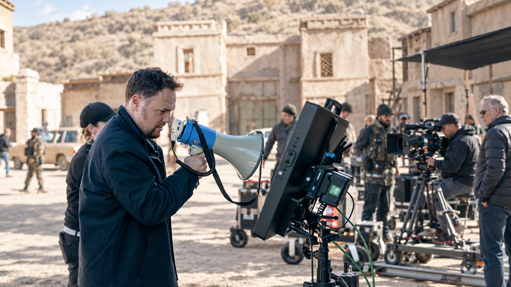 An expanded production photograph of Wayne directing with a bullhorn, with the set, cinema camera, and crew visible