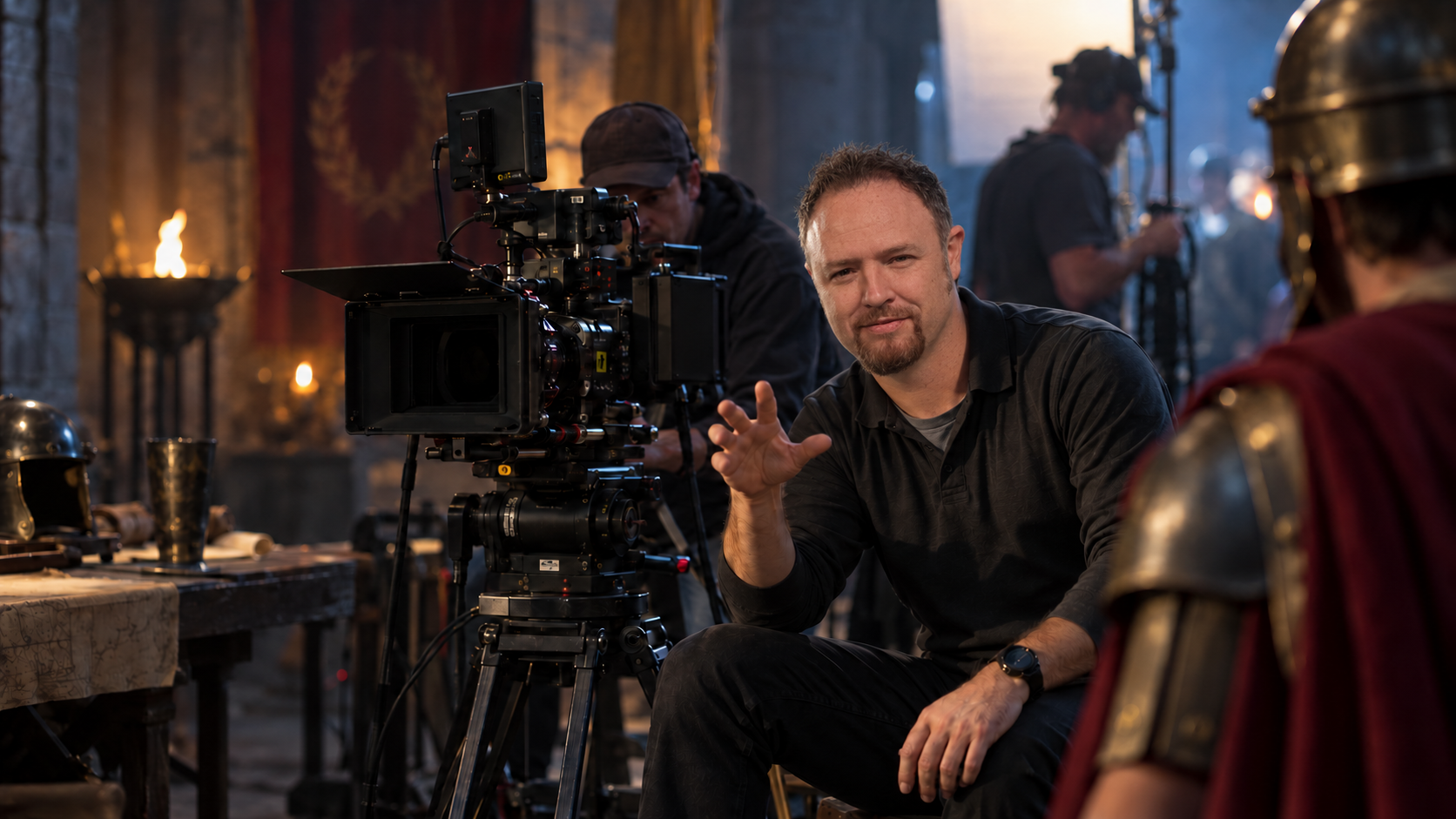 Cinematic portrait of Wayne directing on a film set