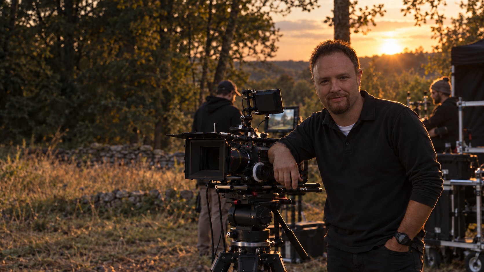 Cinematic portrait of Wayne beside a cinema camera on location
