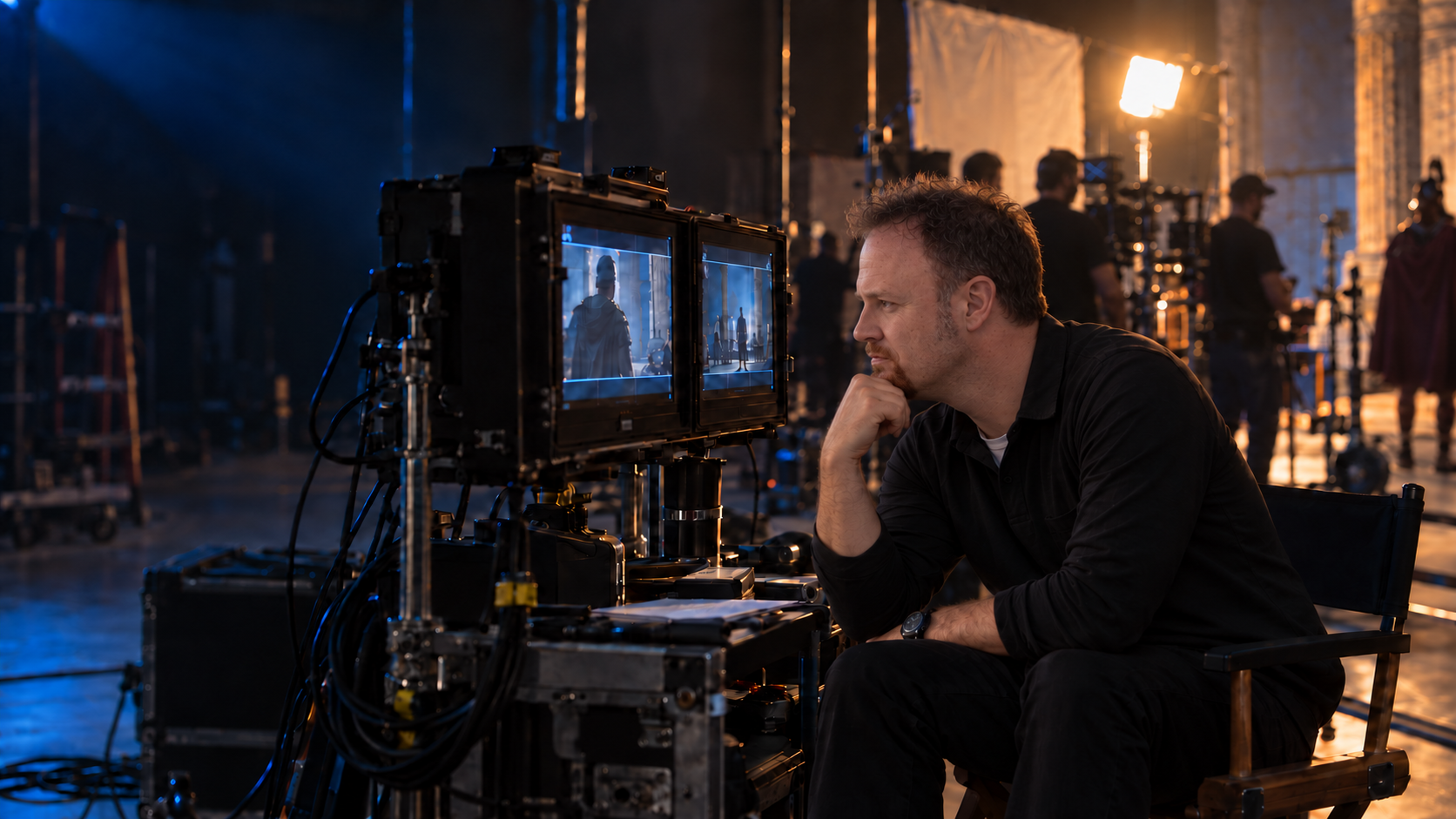 Cinematic portrait of Wayne reviewing a shot at the director’s monitors